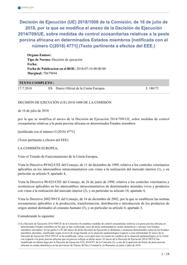 Decisión De Ejecución (UE) 2018/1008 De La Comisión, De 16 De Julio De 2018, Por La Que Se Modifica El Anexo De La Decisión