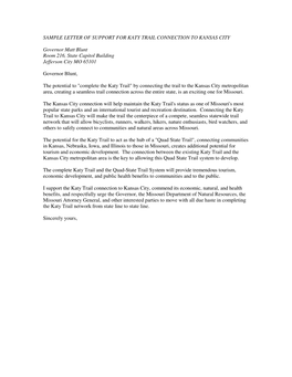 Katy Trail Connection Sample Letter