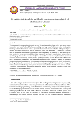 L2 Metalinguistic Knowledge and L2 Achievement Among Intermediate-Level Adult Turkish EFL Learners