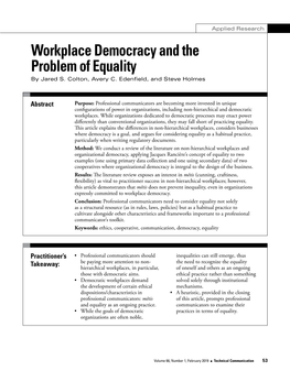 Workplace Democracy and the Problem of Equality by Jared S