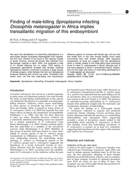 Finding of Male-Killing Spiroplasma Infecting Drosophila Melanogaster in Africa Implies Transatlantic Migration of This Endosymbiont
