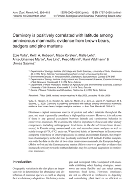 Carnivory Is Positively Correlated with Latitude Among Omnivorous Mammals: Evidence from Brown Bears, Badgers and Pine Martens