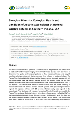 Biological Diversity, Ecological Health and Condition of Aquatic Assemblages at National Wildlife Refuges in Southern Indiana, USA