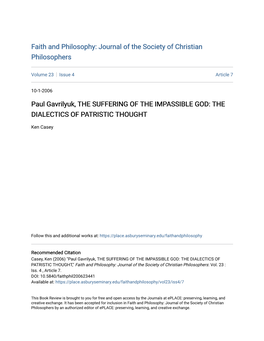 Paul Gavrilyuk, the SUFFERING of the IMPASSIBLE GOD: the DIALECTICS of PATRISTIC THOUGHT