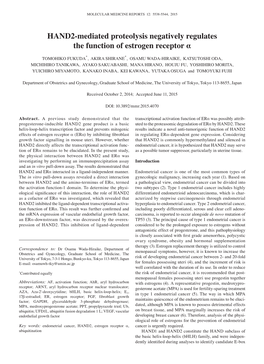 HAND2‑Mediated Proteolysis Negatively Regulates the Function of Estrogen Receptor Α