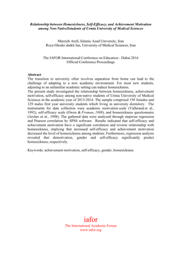 Relationship Between Homesickness, Self-Efficacy, and Achievement Motivation Among Non-Nativesstudents of Urmia University of Medical Sciences