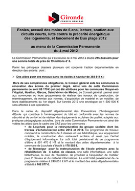 Ecoles, Accueil Des Moins De 6 Ans, Lecture, Soutien Aux Circuits Courts, Lutte Contre La Précarité Énergétique Des Logements, Et Lancement De Bus Plage 2012