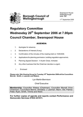 Regulatory Committee Wednesday 20 September 2006 at 7.00Pm