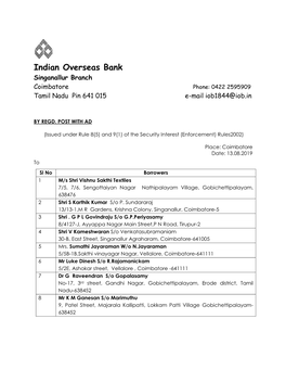 Indian Overseas Bank Singanallur Branch Coimbatore Phone: 0422 2595909 Tamil Nadu Pin 641 015 E-Mail Iob1844@Iob.In