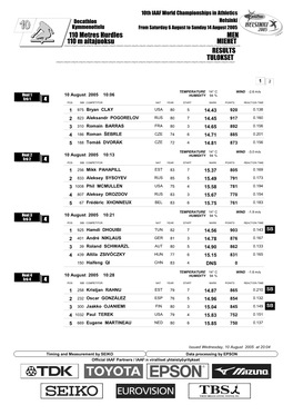 RESULTS 110 Metres Hurdles MEN TULOKSET 110 M Aitajuoksu MIEHET