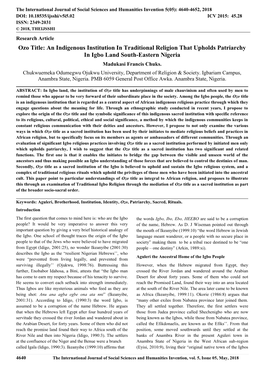 Ozo Title: an Indigenous Institution in Traditional Religion That Upholds Patriarchy in Igbo Land South-Eastern Nigeria Madukasi Francis Chuks
