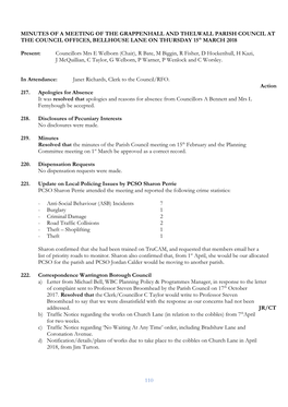 MINUTES of a MEETING of the GRAPPENHALL and THELWALL PARISH COUNCIL at the COUNCIL OFFICES, BELLHOUSE LANE on THURSDAY 15Th MARCH 2018