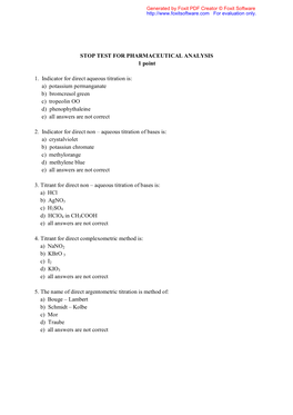 STOP TEST for PHARMACEUTICAL ANALYSIS 1 Point