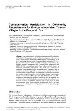 Communication Participation in Community Empowerment for Energy Independent Tourism Villages in the Pandemic Era