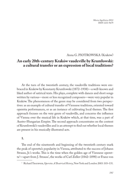 An Early 20Th-Century Kraków Vaudeville by Krumłowski: a Cultural Transfer Or an Expression of Local Traditions?