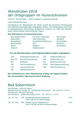 Bad Sobernheim Wanderplan 2018 Der Ortsgruppen Im Hunsrückverein