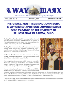 His Grace, Most Reverend John Bura Is Appointed Apostolic Administrator Sede Vacante of the Eparchy of St