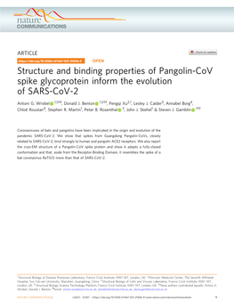 Structure and Binding Properties of Pangolin-Cov Spike Glycoprotein Inform the Evolution of SARS-Cov-2 ✉ ✉ Antoni G