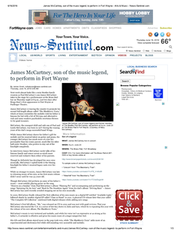 James Mccartney, Son of the Music Legend, to Perform in Fort Wayne ­ Arts & Music ­ News­Sentinel.Com