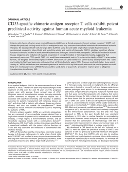 CD33-Specific Chimeric Antigen Receptor T Cells Exhibit Potent Preclinical Activity Against Human Acute Myeloid Leukemia