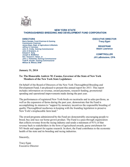 January 31, 2014 To: Andrew the M.Honorable Theof Cuomo, Stategovernor New of York Executive Summary 2013