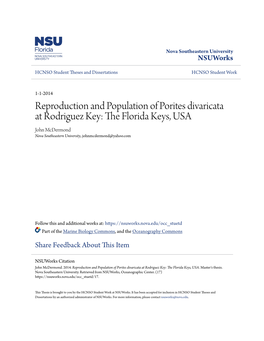 Reproduction and Population of Porites Divaricata at Rodriguez Key: the Lorf Ida Keys, USA John Mcdermond Nova Southeastern University, Johnmcdermond@Yahoo.Com