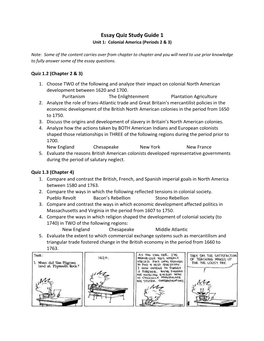 Essay Quiz Study Guide 1 Unit 1: Colonial America (Periods 2 & 3)