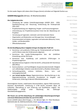 LEADER-Manager/In (30 Bzw. 35 Wochenstunden) Abtenau / Tennengau