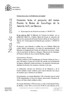 Fomento Licita El Proyecto Del Tramo Puente La Reina De Jaca-Fago De La Autovía A-21, En Huesca