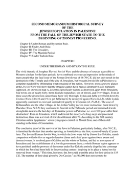 Second Memorandum Historical Survey of the Jewish Population in Palestine from the Fall of the Jewish State to the Beginning of Zionist Pioneering