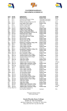 Panther Baseball 2020 Spring Schedule