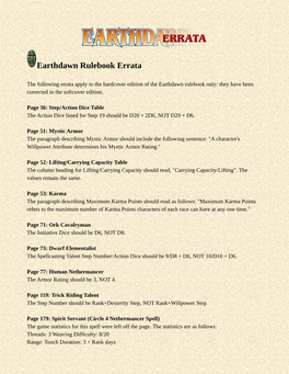 Earthdawn Rulebook Errata