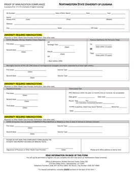 PROOF of IMMUNIZATION COMPLIANCE NORTHWESTERN STATE UNIVERSITY of LOUISIANA (Louisiana R.S