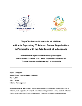 City of Indianapolis Awards $1.3 Million in Grants Supporting 70 Arts and Culture Organizations in Partnership with the Arts Council of Indianapolis