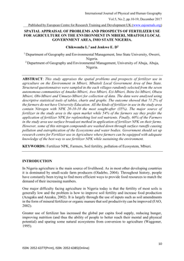 Spatial Appraisal of Problems and Prospects of Fertilizer Use for Agriculture on the Environment in Mbieri, Mbaitoli Local Government Area, Imo State Nigeria