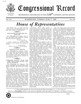 Congressional Record United States Th of America PROCEEDINGS and DEBATES of the 110 CONGRESS, SECOND SESSION