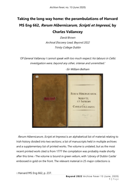 The Perambulations of Harvard MS Eng 662, Rerum Hibernicarum, Scripti Et Impressi, by Charles Vallancey