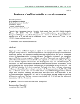 Development of an Efficient Method for Oregano Micropropagation Abstract