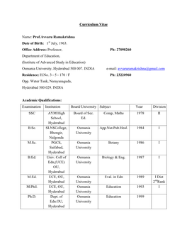 Curriculum Vitae Name: Prof.Avvaru Ramakrishna Date of Birth