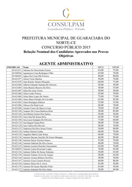 PREFEITURA MUNICIPAL DE GUARACIABA DO NORTE-CE CONCURSO PÚBLICO 2015 Relação Nominal Dos Candidatos Aprovados Nas Provas Objetivas