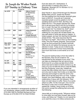 St. Joseph the Worker Parish 22Nd Sunday in Ordinary Time Year a 22Nd Sunday in Ordinary Time Readings: Jeremiah 20:7-9