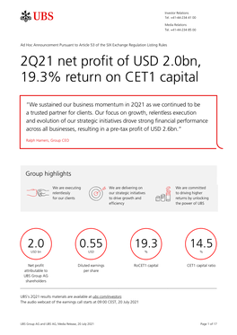 2Q21 Net Profit of USD 2.0Bn, 19.3% Return on CET1 Capital