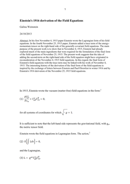 Einstein's 1916 Derivation of the Field Equations
