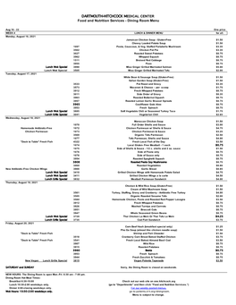 DHMC Cafeteria Menu: August 16 to 22, 2021