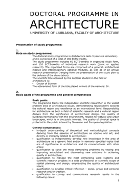 Doctoral Programme in Architecture University of Ljubljana, Faculty of Architecture