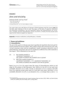Zero and Triviality Andreas Haida1 and Tue Trinh2 1 ELSC, HUJI, Jerusalem, IL 2 Leibniz-ZAS, Berlin, DE Corresponding Author: Tue Trinh (Tuetrinh@Alum.Mit.Edu)