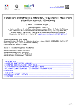 Forêt Sèche Du Rothleible À Hitzfelden, Réguisheim Et Meyenheim (Identifiant National : 420012981)