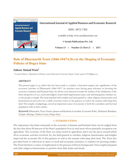 Role of Dharmarth Trust (1846-1947A.D.) in the Shaping of Economic Policies of Dogra State