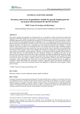 Inventory and Review of Quantitative Models for Spread of Plant Pests for Use in Pest Risk Assessment for the EU Territory1