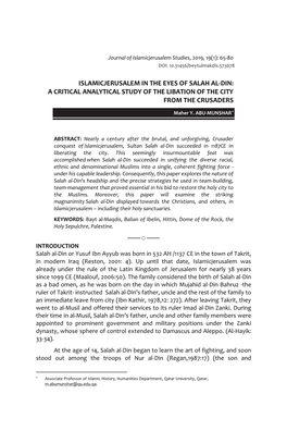 ISLAMICJERUSALEM in the EYES of SALAH AL-DIN: ����Rr�� ������ a CRITICAL ANALYTICAL STUDY of the LIBATION of the CITY from the CRUSADERS